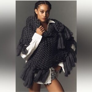 Anthropologie Chunky Cable Knit Scarf Wrap Poncho in Dark Grey